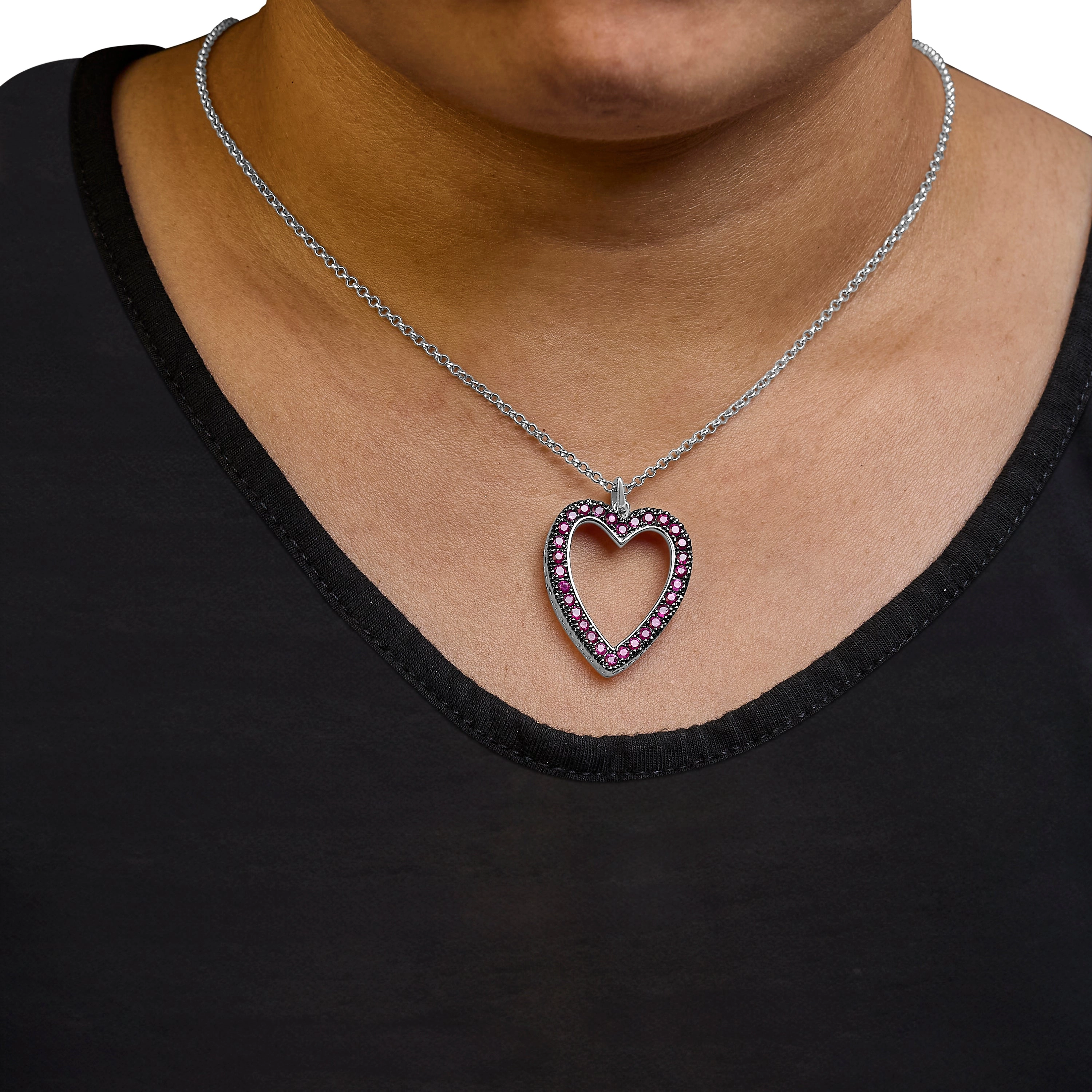 18K 1/3 Cttw Diamond and Red Ruby Open Heart with Black Rhodium 18" Pendant Necklace