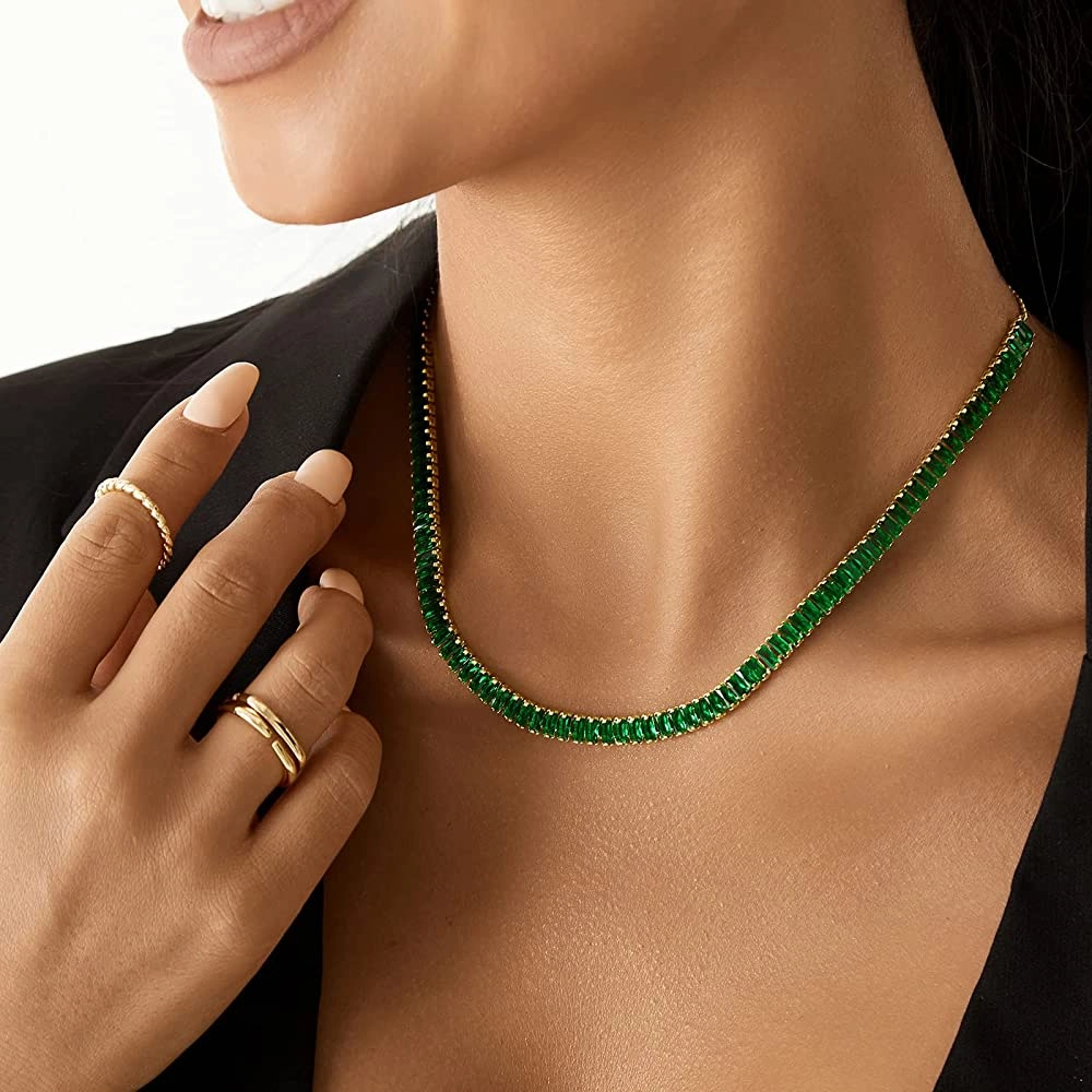 18k Gold Green Cz Tennis Necklace