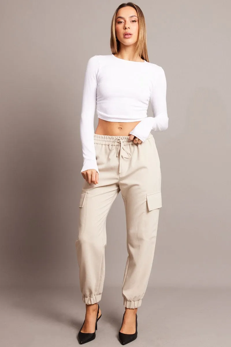 Beige Slim Pants Elasticated Hem
