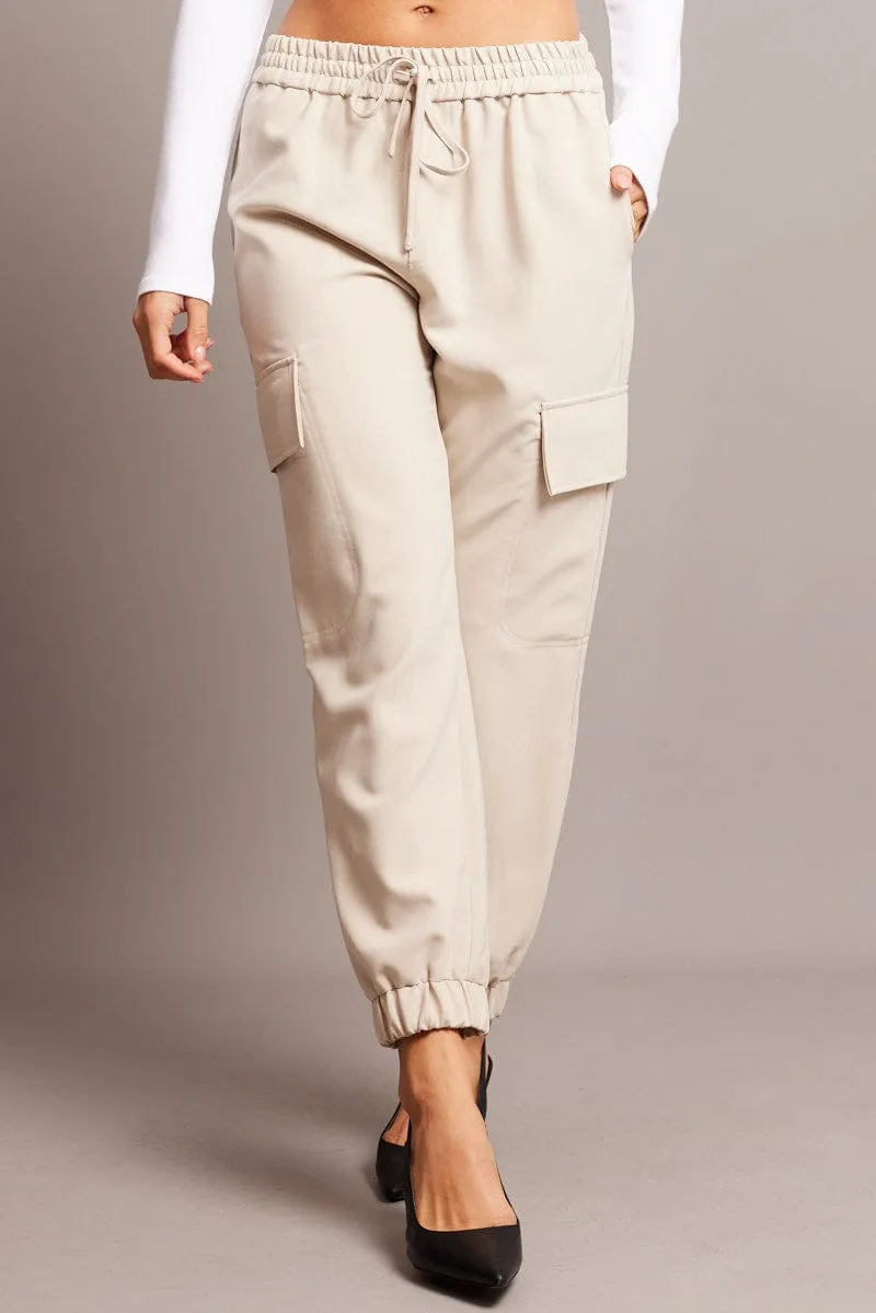 Beige Slim Pants Elasticated Hem