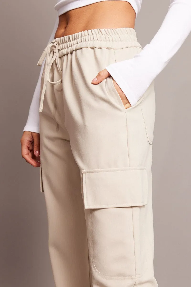 Beige Slim Pants Elasticated Hem