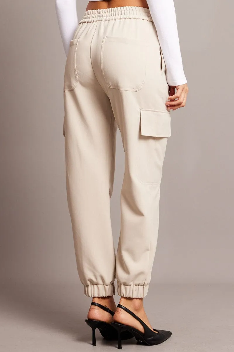 Beige Slim Pants Elasticated Hem