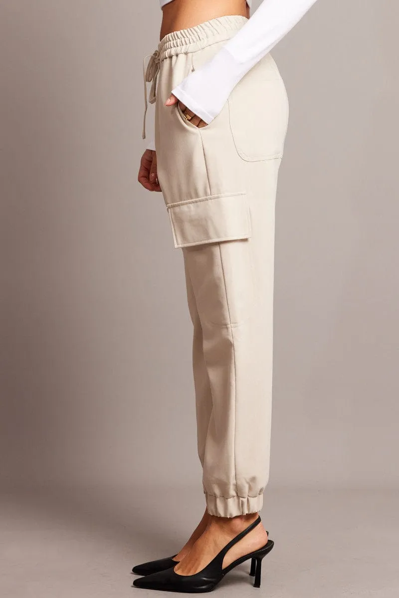 Beige Slim Pants Elasticated Hem
