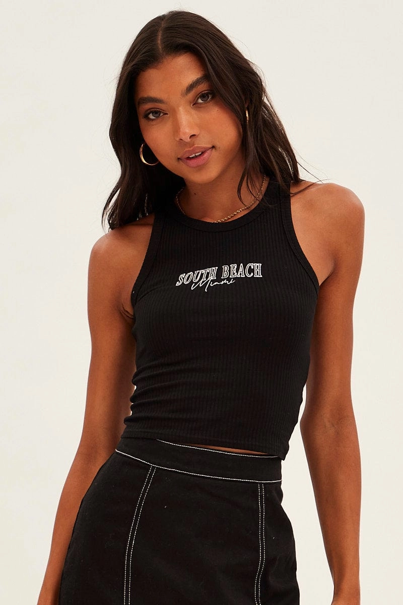 Black Crop Tank Embroidered Sleeveless