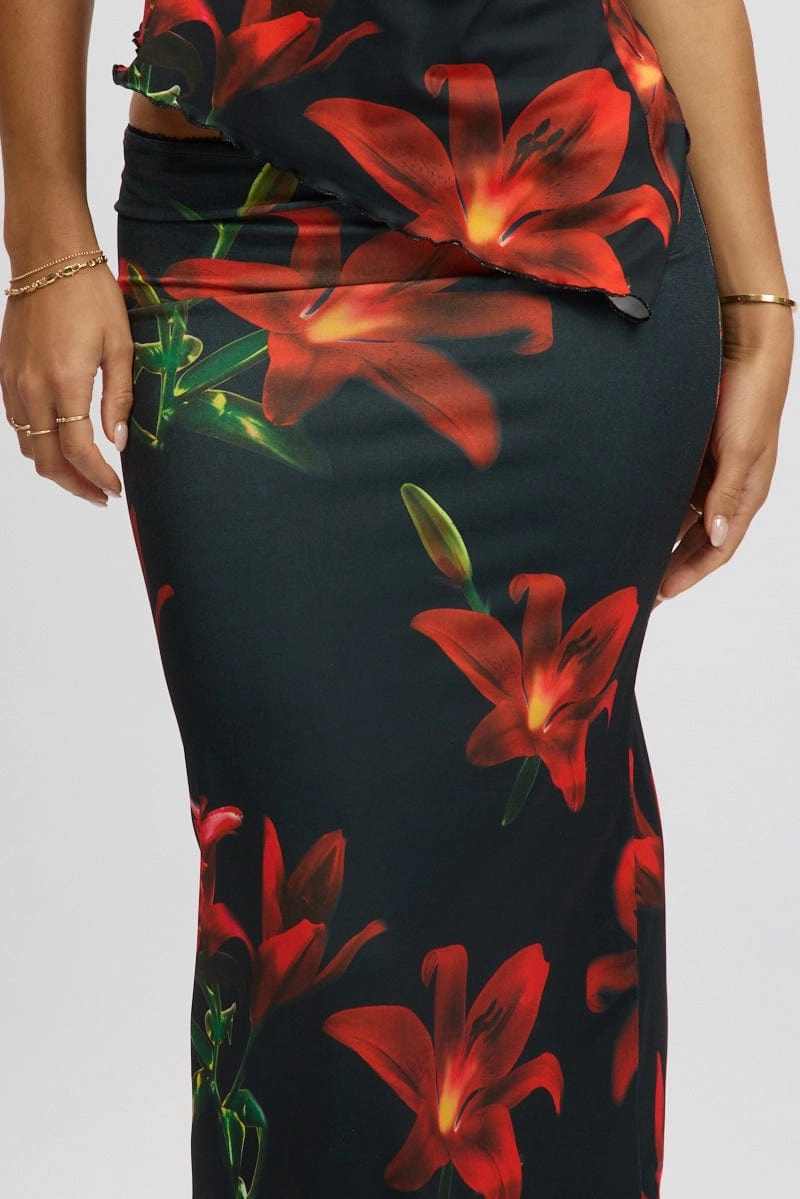 Black Floral Mesh Skirt Elasticated Picot Trim Midaxi