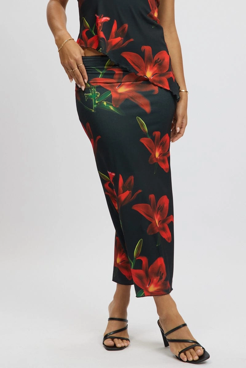 Black Floral Mesh Skirt Elasticated Picot Trim Midaxi