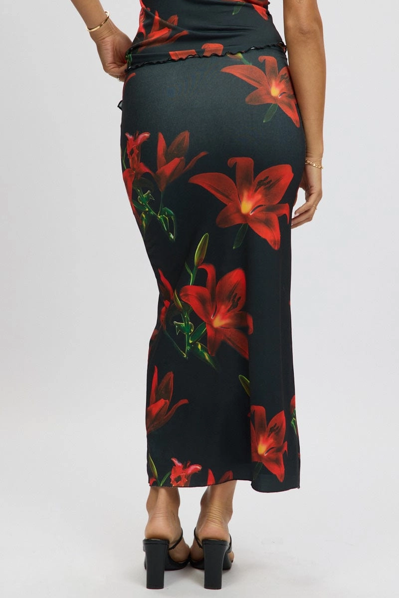 Black Floral Mesh Skirt Elasticated Picot Trim Midaxi