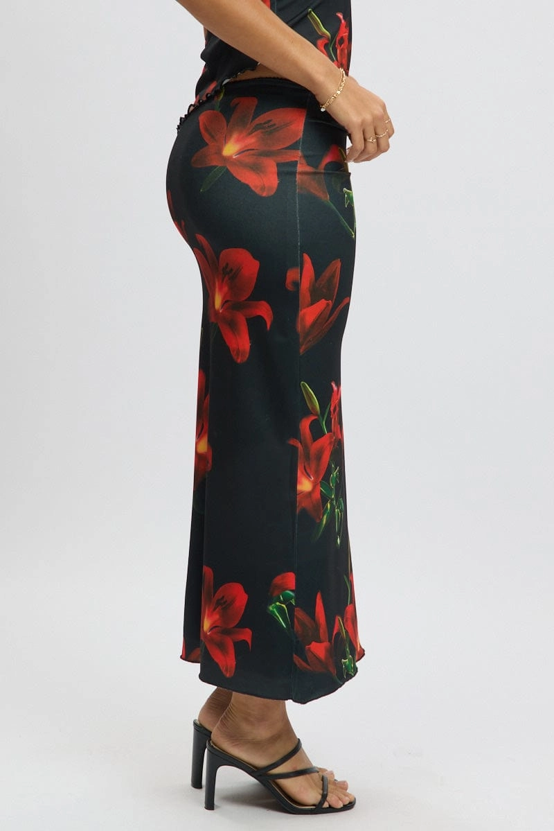 Black Floral Mesh Skirt Elasticated Picot Trim Midaxi