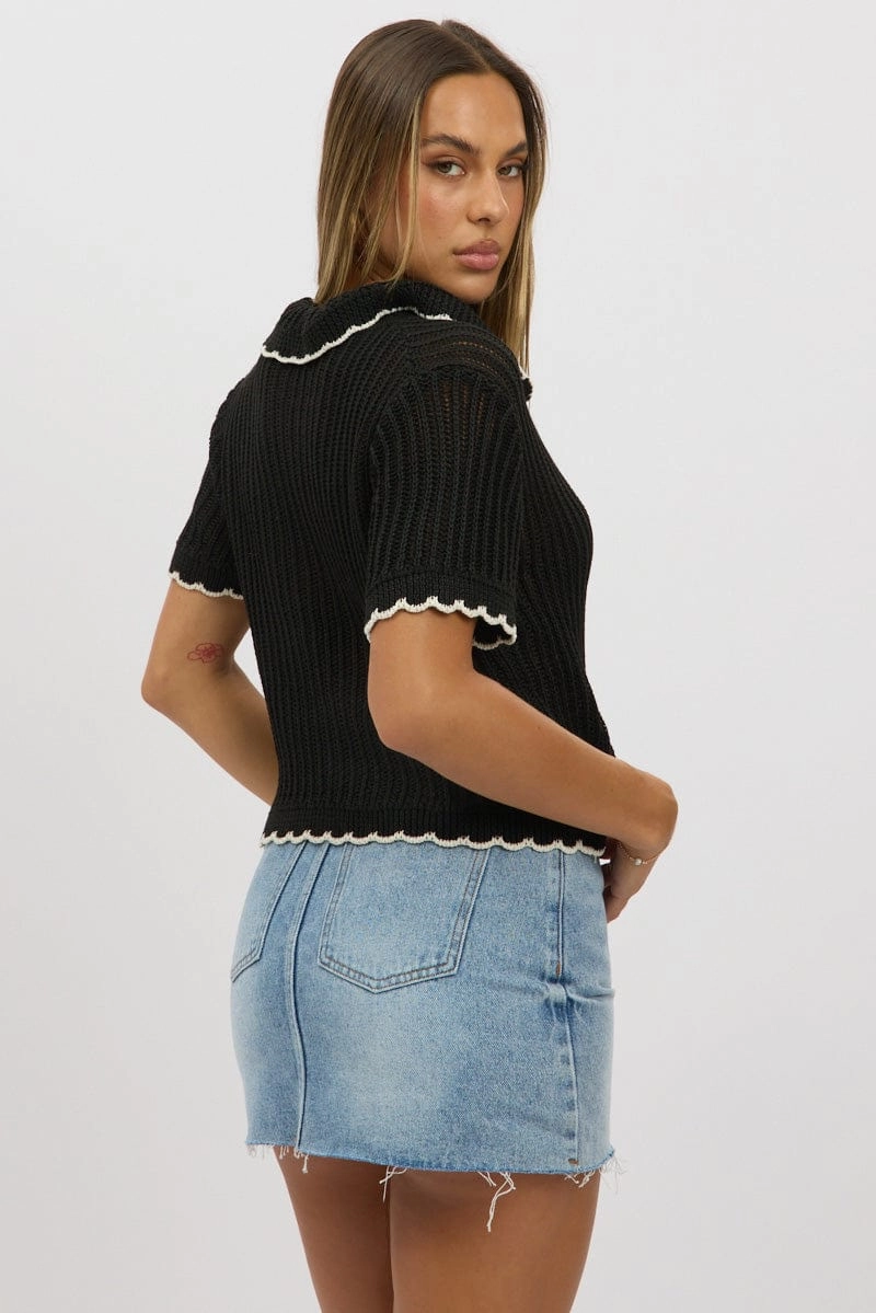 Black Knit Cardigan Short Sleeve Collared