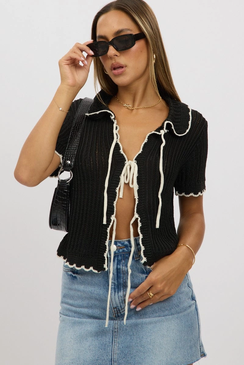Black Knit Cardigan Short Sleeve Collared