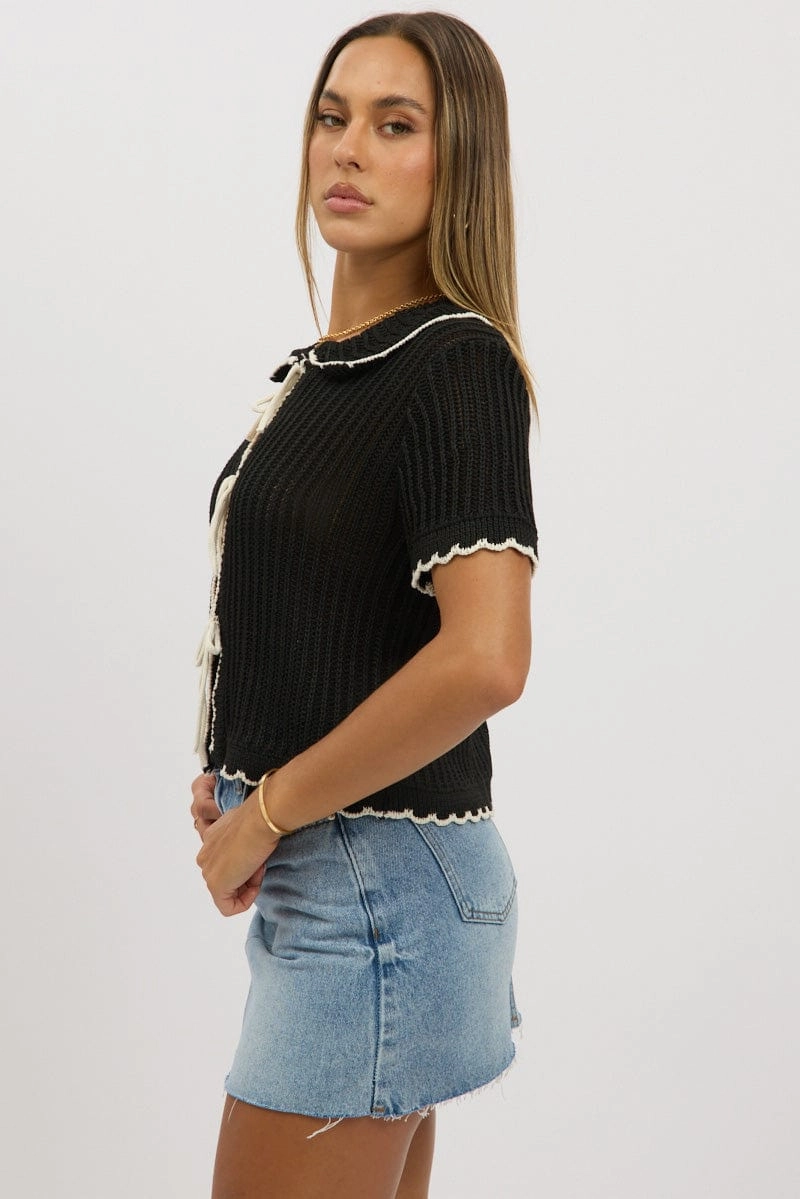 Black Knit Cardigan Short Sleeve Collared