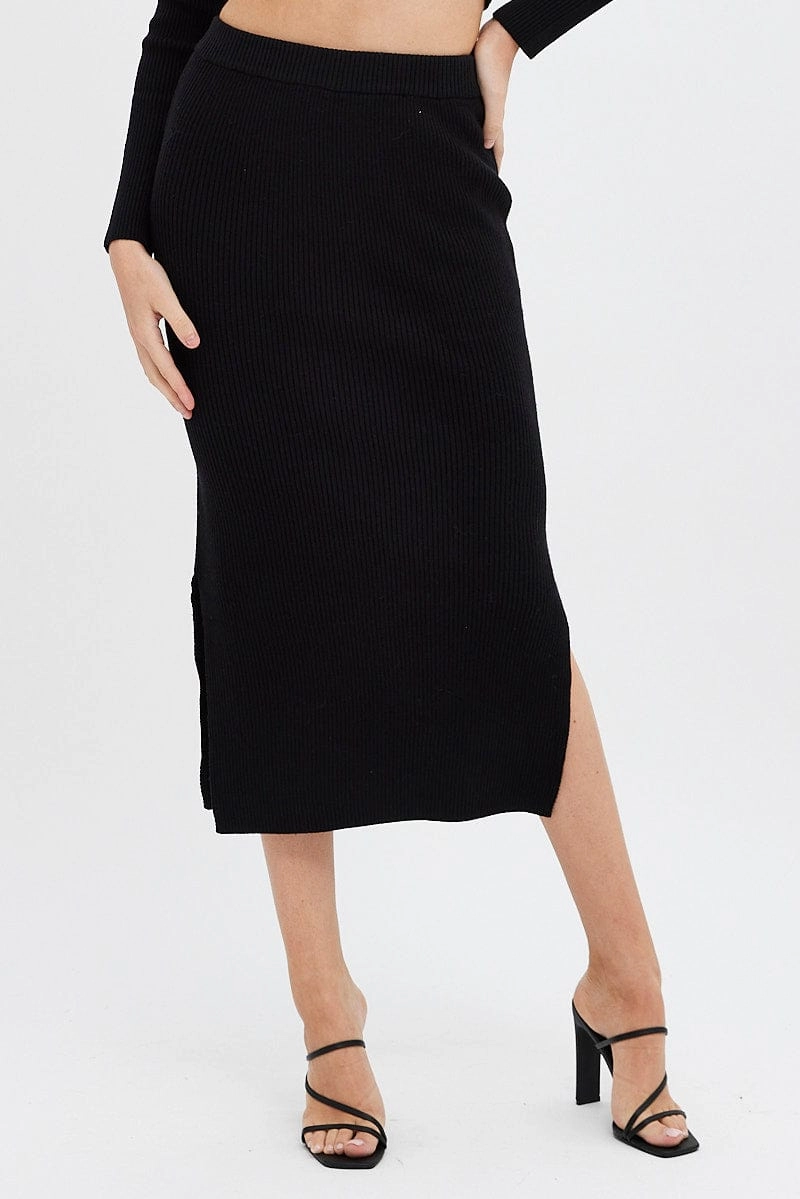 Black Knit Skirt High Rise Ribbed Midi