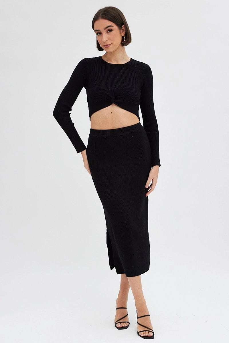 Black Knit Skirt High Rise Ribbed Midi