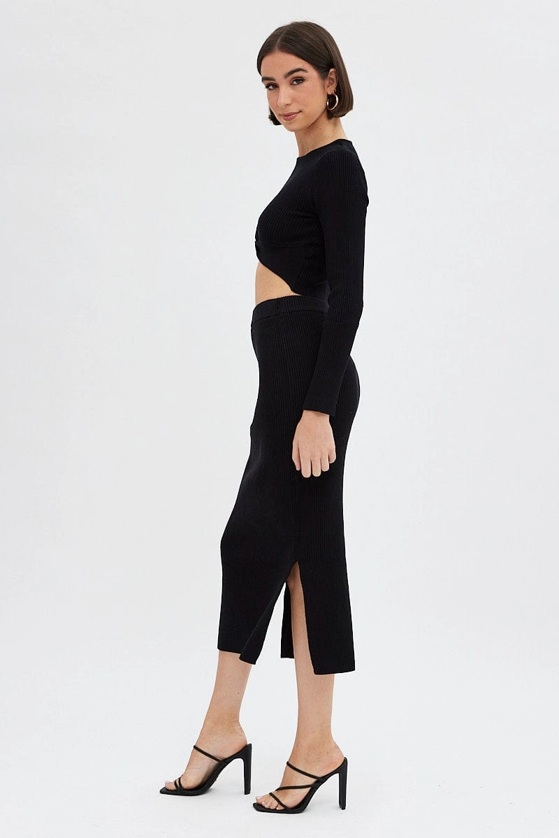Black Knit Skirt High Rise Ribbed Midi