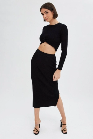 Black Knit Skirt High Rise Ribbed Midi