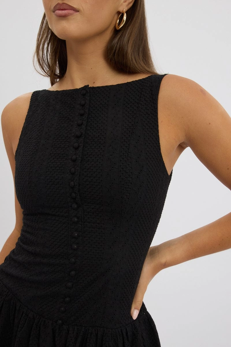 Black Midi Dress Drop Waist Lace Fabric
