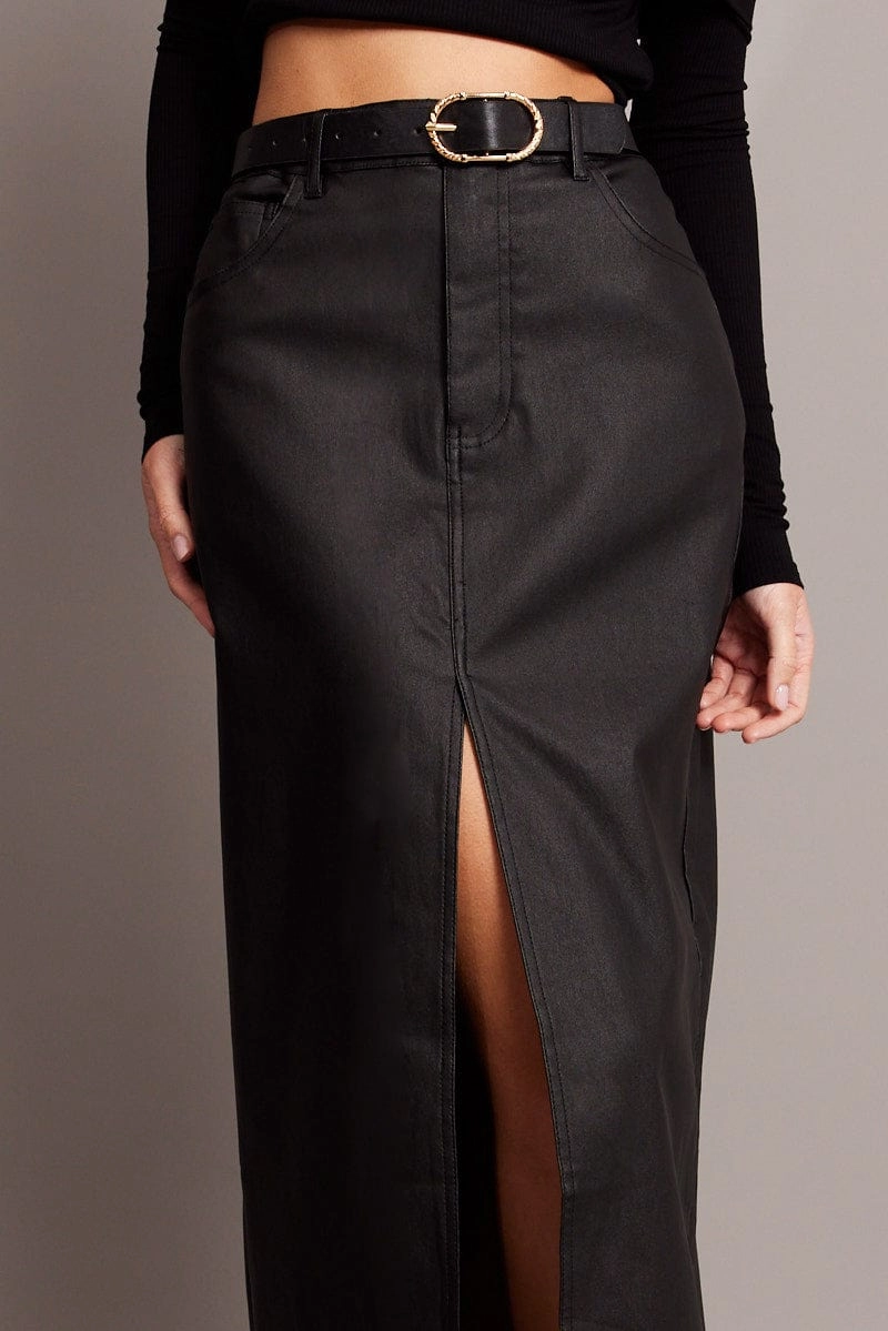 Black Midi Skirt High Rise Coated Fabric