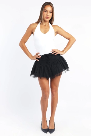 Black Mini Skirt High Waisted Shirred Back Lace Up Tutu