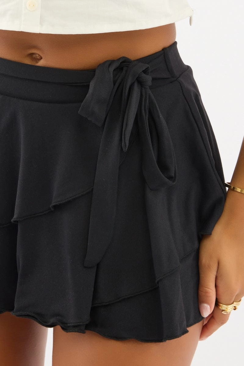 Black Mini Skort Skirt Mid Rise Ruffle Layered Lined Supersoft
