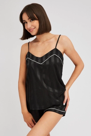 Black Pyjama Set Cami Jacquard Stripe White Piping Pj