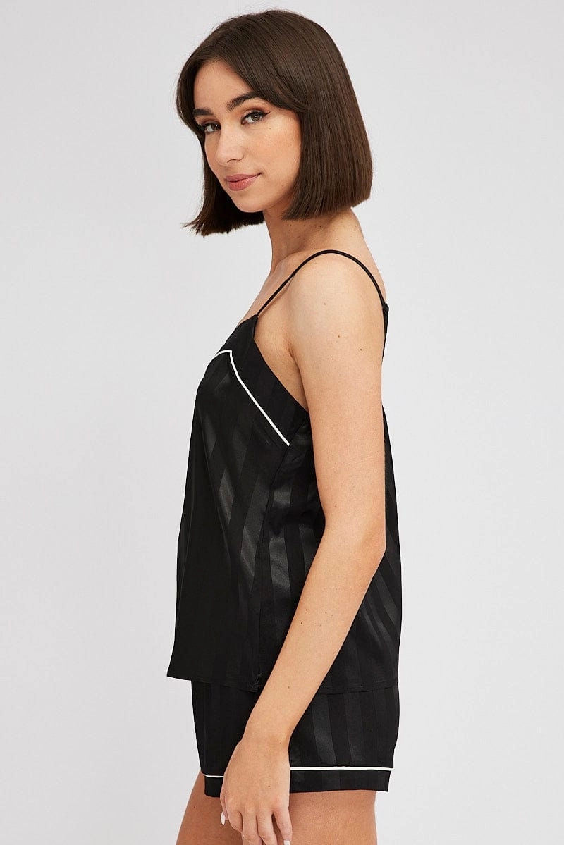 Black Pyjama Set Cami Jacquard Stripe White Piping Pj