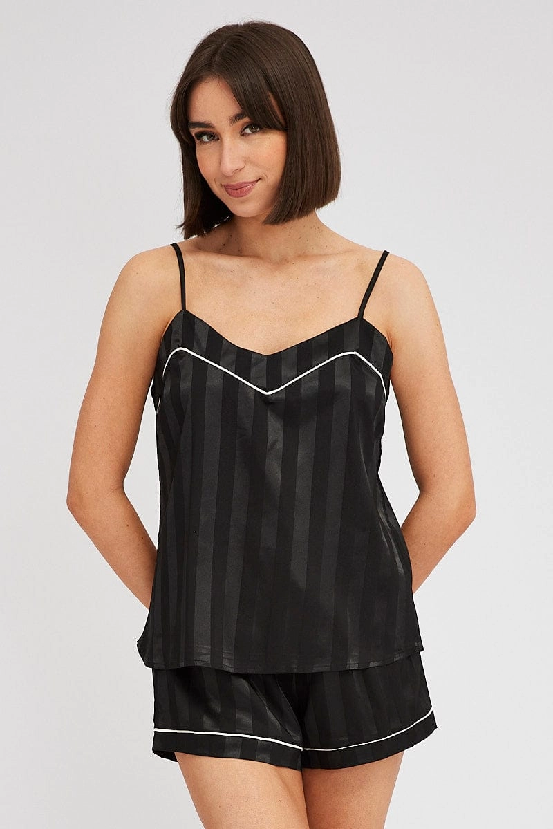 Black Pyjama Set Cami Jacquard Stripe White Piping Pj