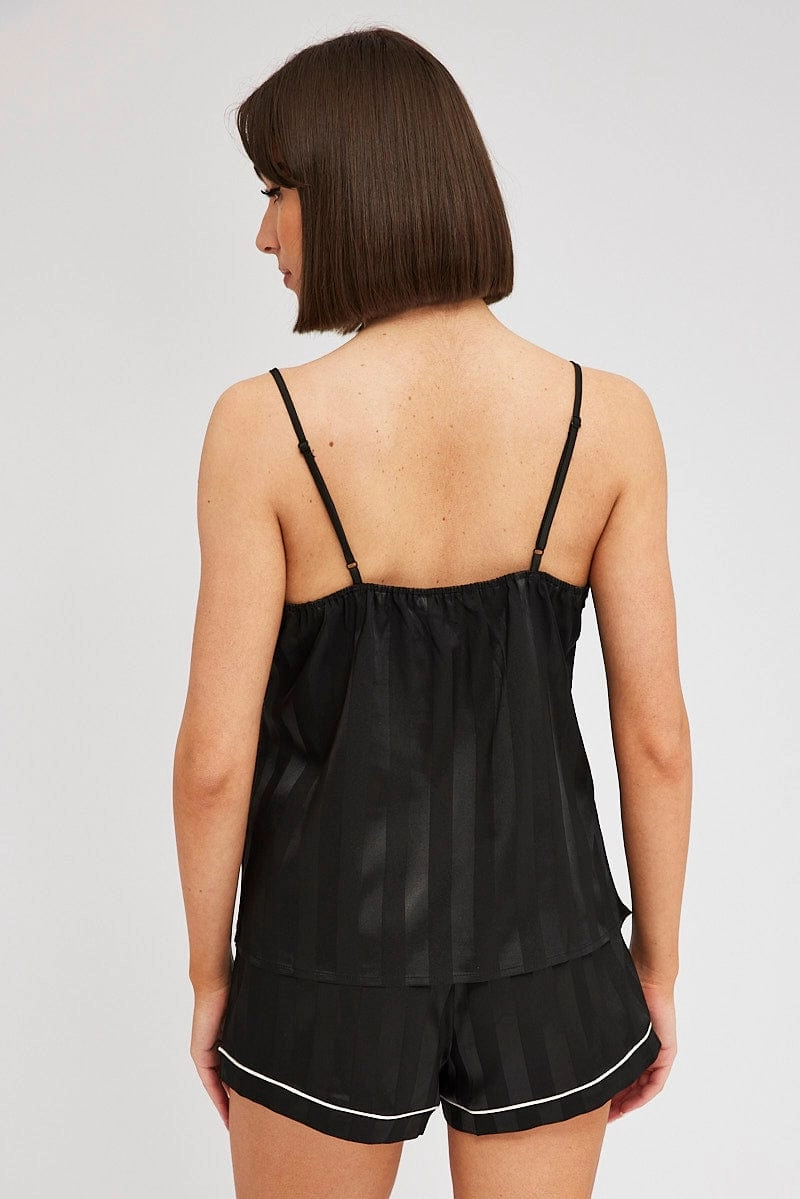 Black Pyjama Set Cami Jacquard Stripe White Piping Pj