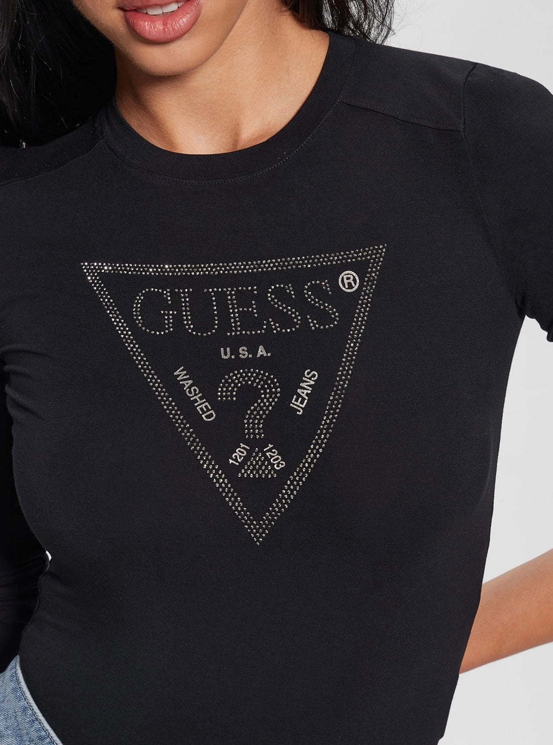 Black Rhinestone Logo Bodysuit Top