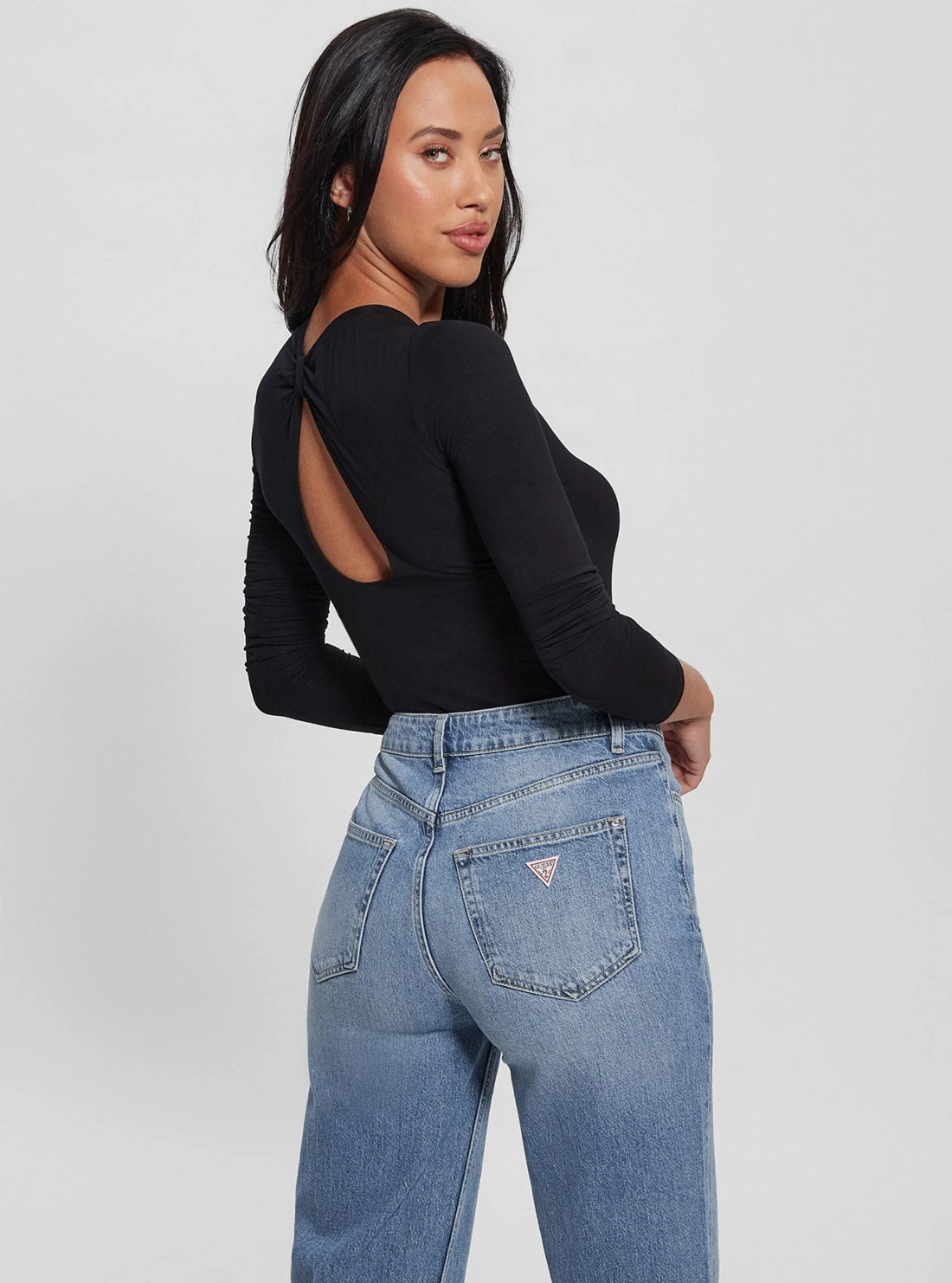 Black Rhinestone Logo Bodysuit Top