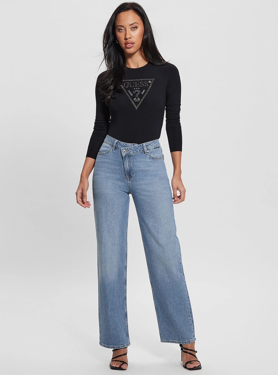 Black Rhinestone Logo Bodysuit Top