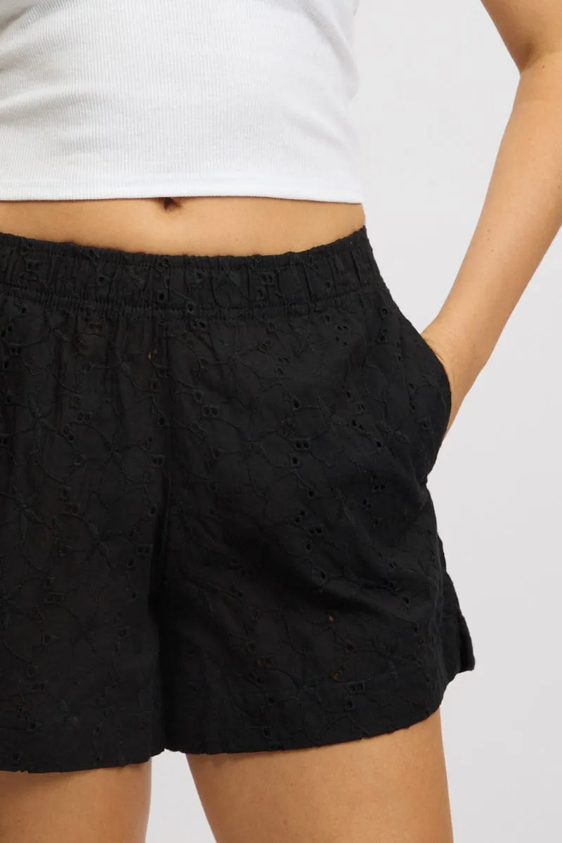 Black Shorts Mid Rise Eyelet Fabric