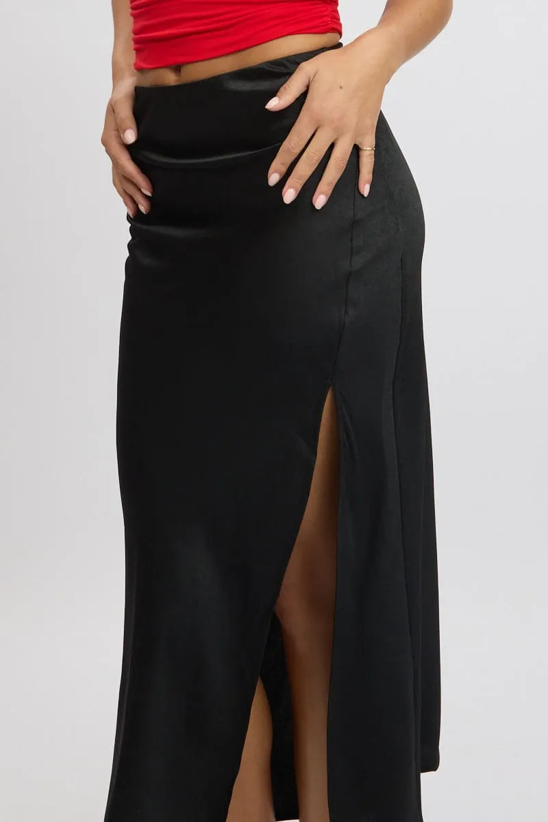Black Slip Skirt High Waist Front Split Midaxi Satin