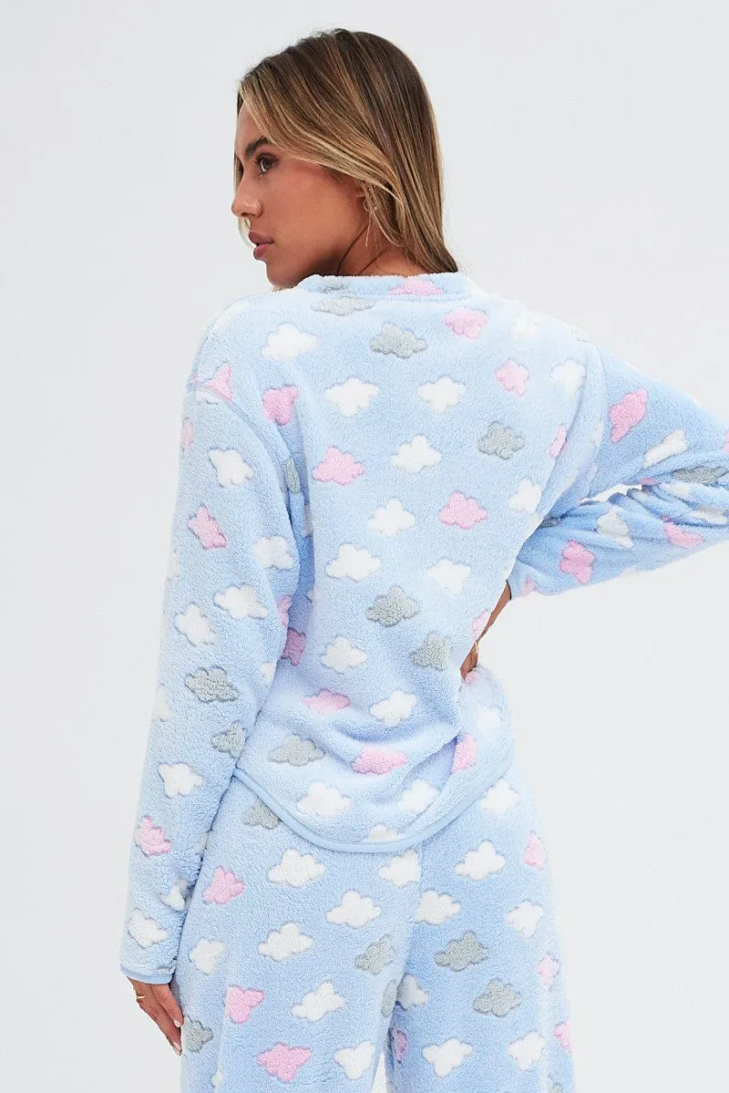 Blue Print Fluffy PJ Cloud Print Cosy Pyjama Set