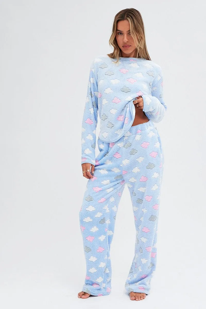 Blue Print Fluffy PJ Cloud Print Cosy Pyjama Set