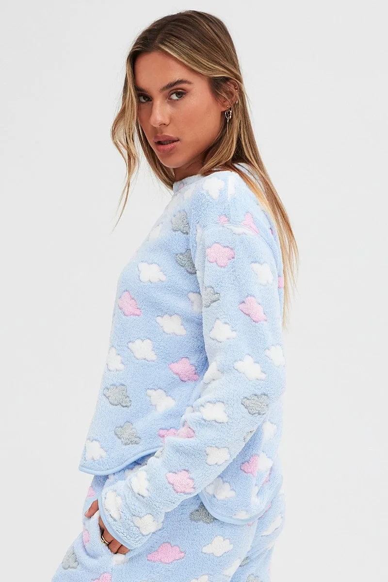 Blue Print Fluffy PJ Cloud Print Cosy Pyjama Set
