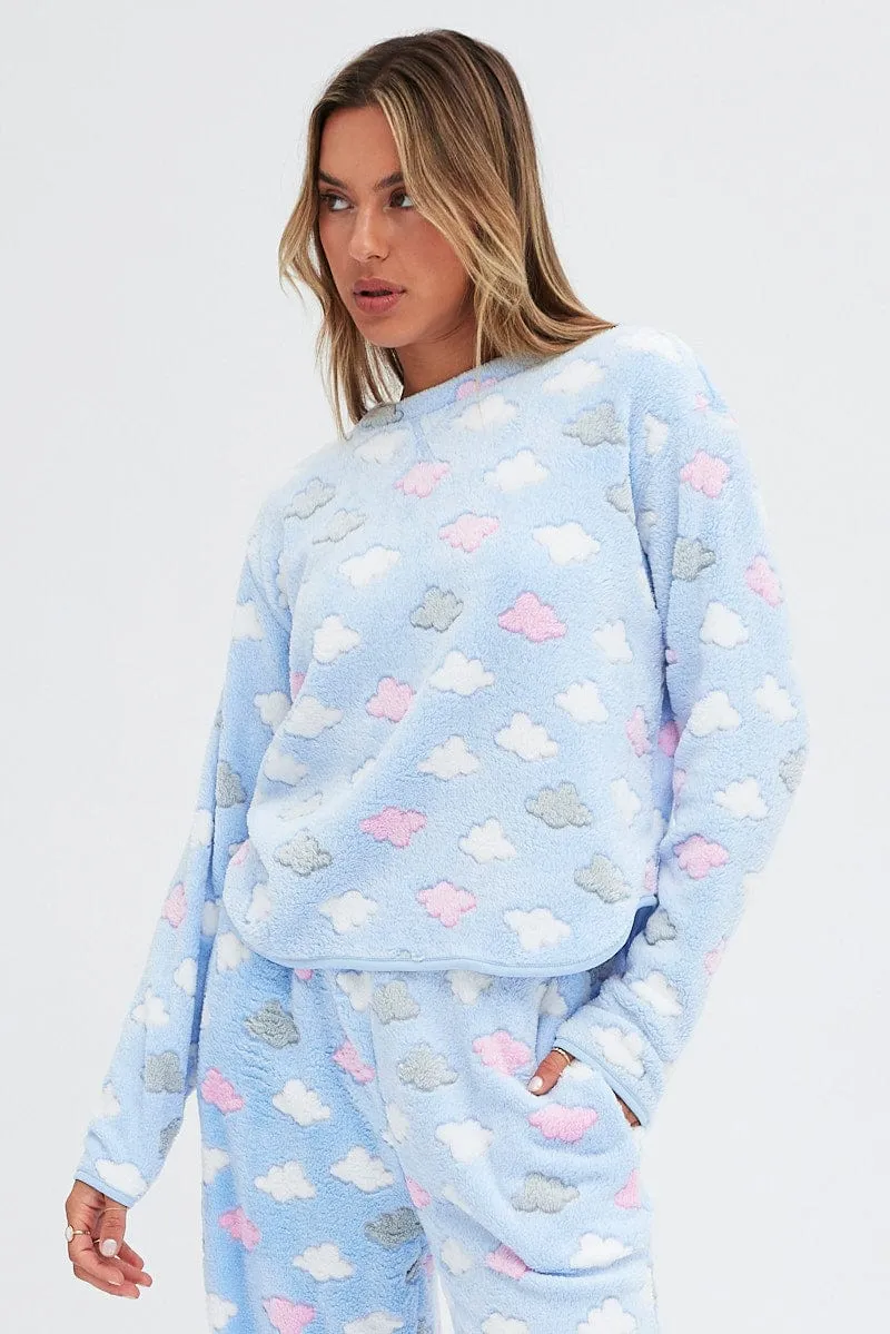 Blue Print Fluffy PJ Cloud Print Cosy Pyjama Set