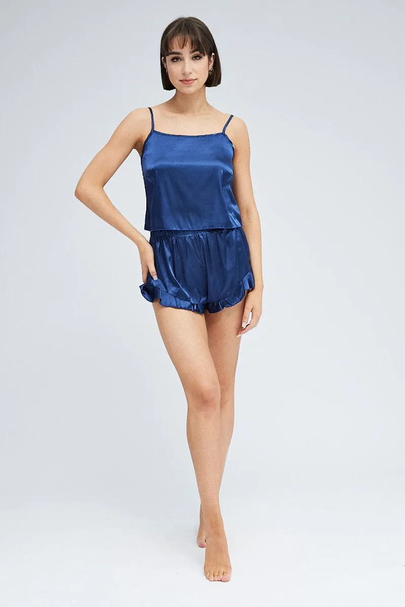 Blue Satin Cami And Ruffle Shorts Pyjama Set