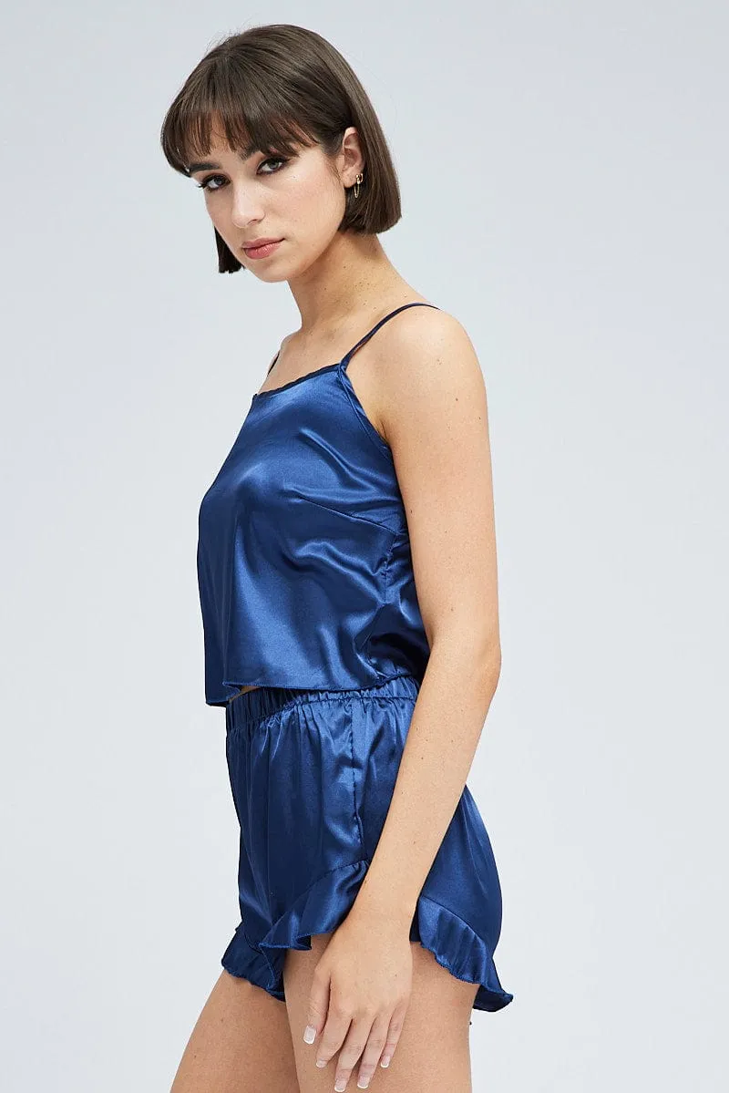Blue Satin Cami And Ruffle Shorts Pyjama Set