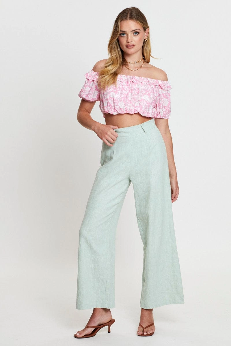Boho Print Crop Top Short Sleeve Off Shoulder