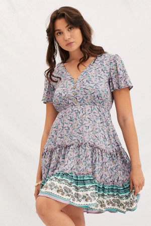 Boho Print V-Neck Short Sleeve Mini Skater Dress