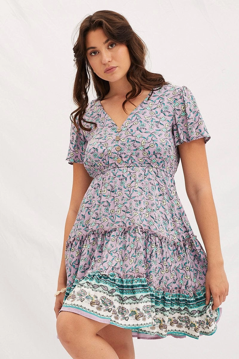 Boho Print V-Neck Short Sleeve Mini Skater Dress