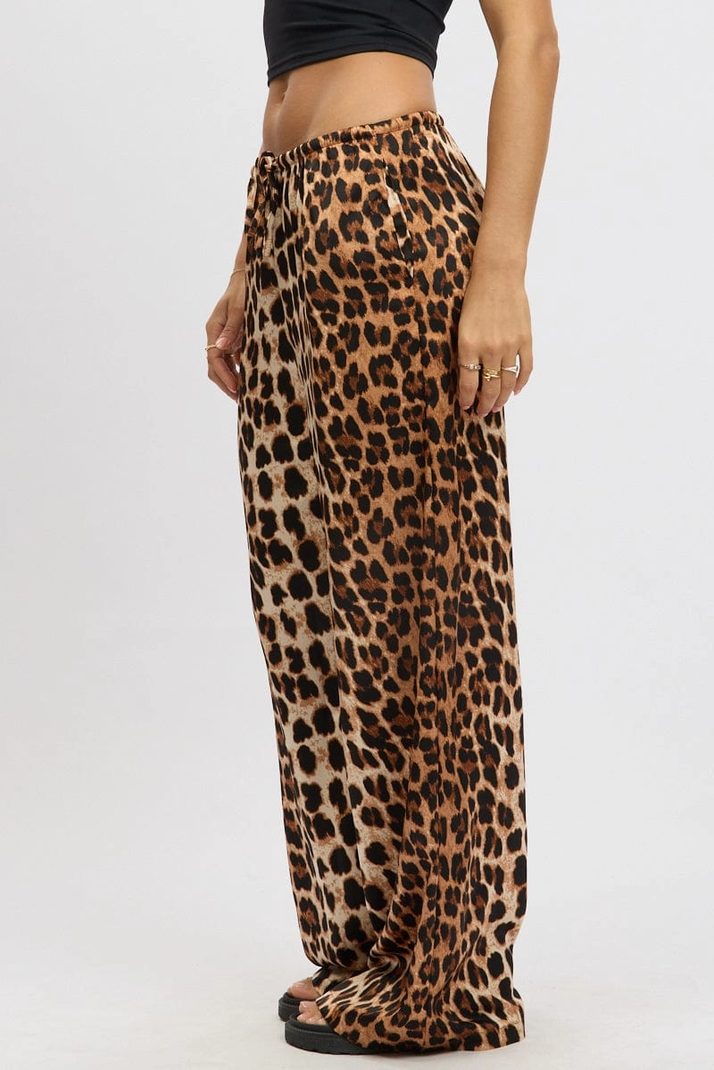 Brown Animal Print Wide Leg Pants Elasticated Waist