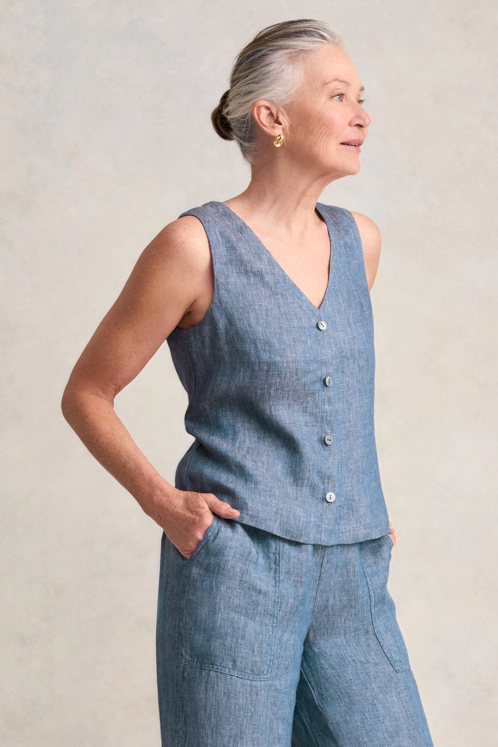 Classic Linen Vest - Indigo Twill