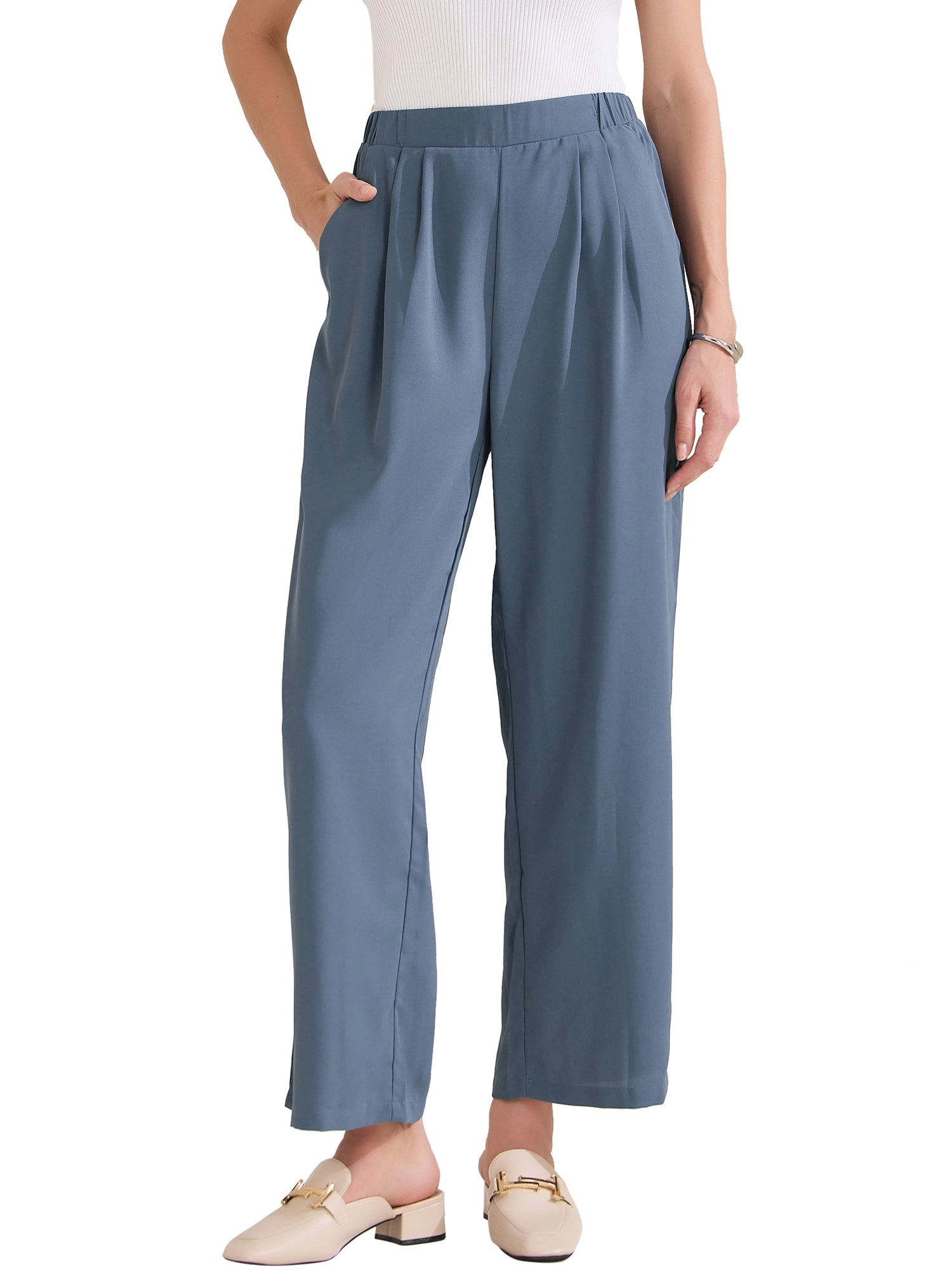 Dressy Casual Wide Leg Pocketed Business Work Suit Pants