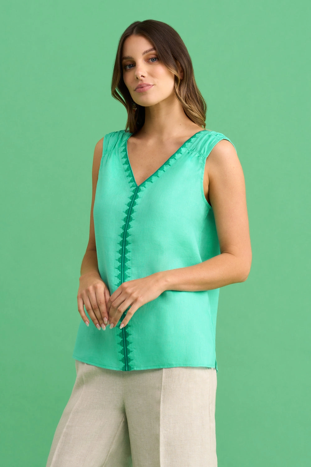 Embroidered Linen Top - Aquamarine