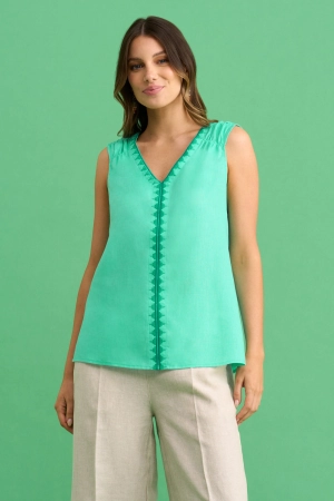 Embroidered Linen Top - Aquamarine