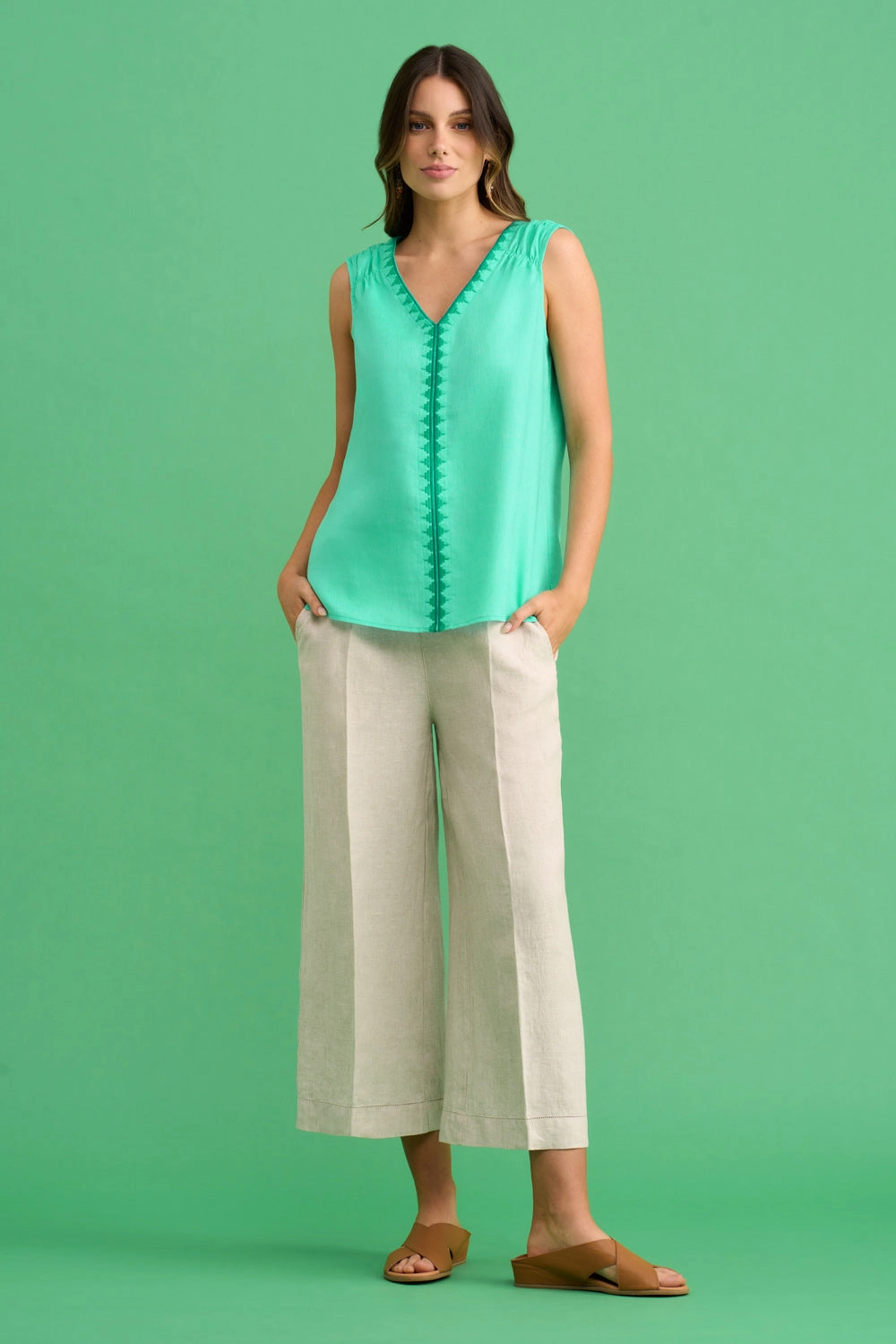 Embroidered Linen Top - Aquamarine