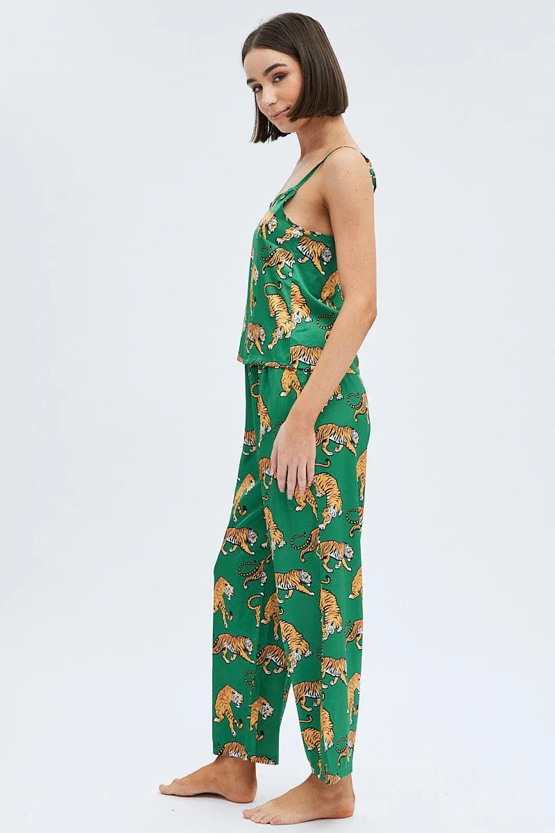 Green Print Tiger PJ Graphic Cami Pyjama Set