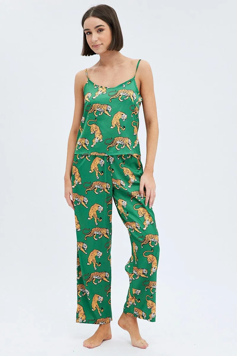 Green Print Tiger PJ Graphic Cami Pyjama Set