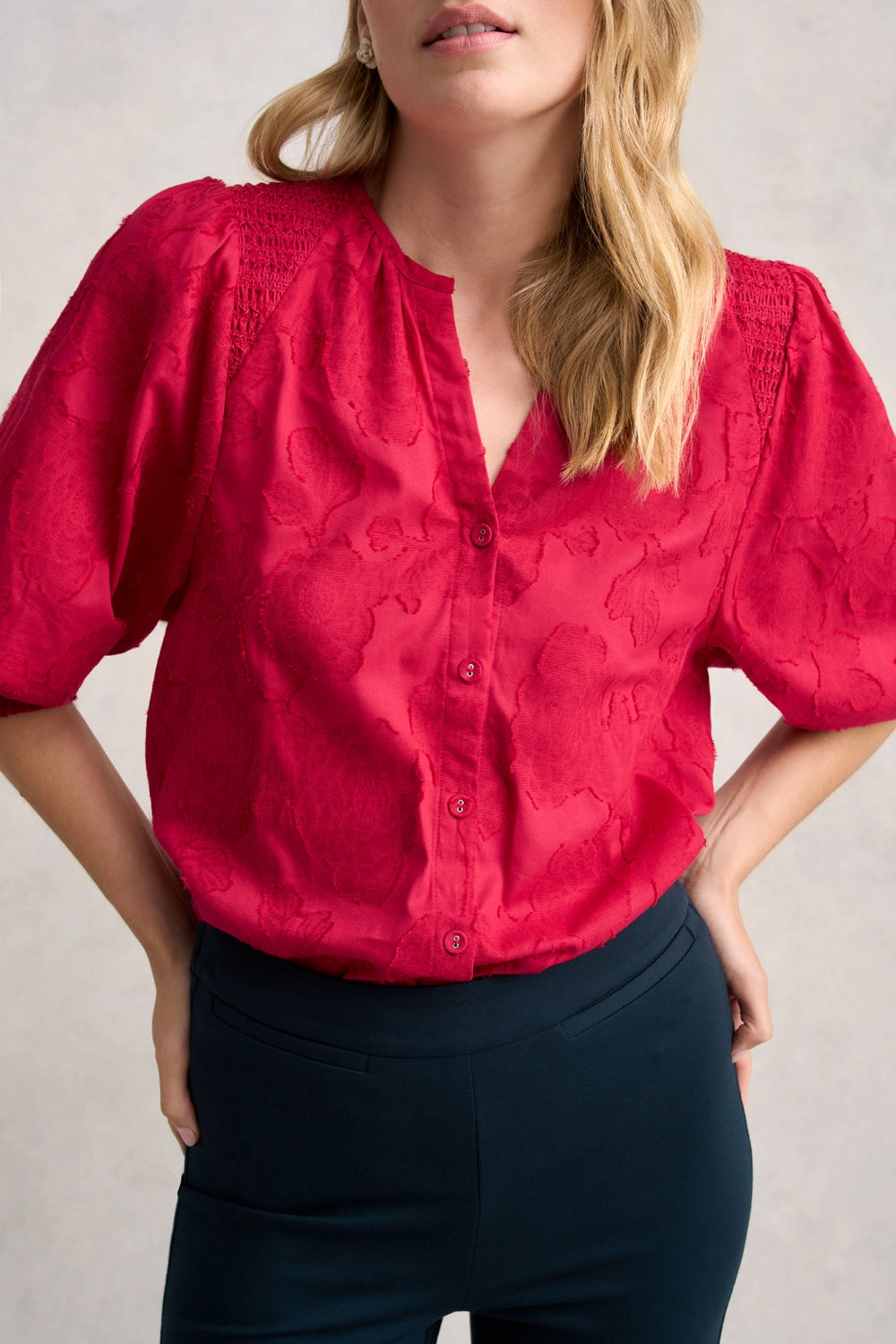 Jacquard Smocked Blouse - Rouge